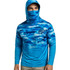 A blue camouflage fishing hoodie with a hood and face covering, featuring a logo on one side.