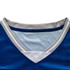 A blue and grey unisex jersey featuring a V-neck and splicing design, with a logo present.