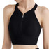 A black zip-front racerback yoga crop bra tank with a ribbed texture and a sleek design.