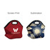 A red neoprene lunch bag with a logo and a blue lunch bag featuring a floral design. Both have handles.