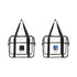 A clear tote handbag with black straps and side panels, featuring different logos on each side.