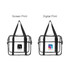 A clear tote handbag with black handles, featuring two different print designs on the front.