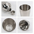 A stainless steel cocktail shaker with a strainer, showcasing its polished interior and exterior. Features a logo.