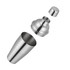 A stainless steel cocktail shaker in silver, displayed in three separate pieces: the base, strainer lid, and cap.