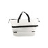 A white weekender bag with black straps and accents, featuring a zippered main compartment and front pocket.