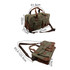 A vintage canvas duffle bag in olive green with brown leather accents, featuring multiple pockets and adjustable straps.