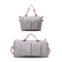 A grey foldable sports duffle bag with pink straps and front pockets, shown in two different sizes.