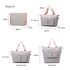 A foldable sports duffle bag in grey with pink straps, displaying both expanded and unexpanded views. Features pockets.