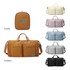 Foldable travel duffle bags in various colours: tan, blush, grey, blue, and black. Each bag has a logo and multiple pockets.