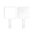A handheld square mirror in white with a smooth surface and a simple handle, featuring two mirrored sides.