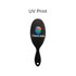 A black hair brush featuring a logo and a smooth handle. The brush has a glossy finish.