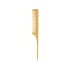 A bamboo hair comb in a light brown hue with a pointed end and fine-toothed design, featuring a logo.