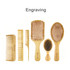 A collection of bamboo hair combs in various sizes, featuring rounded tooth designs and a logo.
