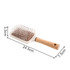 A paddle brush with a white base and a wooden handle, featuring a bristle design for styling hair.