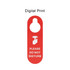 A red PVC door hanger featuring a “Please Do Not Disturb” message and a logo.