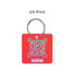 A square red plastic card key tag with a QR code and a silver keyring attachment.