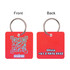 A red custom-shaped plastic key tag featuring a QR code on one side and contact information on the other.