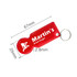 A red custom shape trolley coin keyring with a keyring attachment, featuring a logo. Dimensions are 67mm x 25mm x 2.8mm.