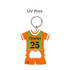 A drink bottle opener keyring shaped like an orange sports jersey, featuring a logo and number design.