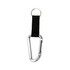 A silver carabiner keychain with a black fabric strap and a metal ring attached.