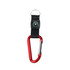 A red carabiner keychain with a black strap and a small green compass attached. It features a metallic finish.