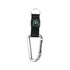 A silver carabiner keychain with a black strap and a green compass attachment. It features a logo.
