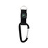 A black carabiner keychain featuring a compass attached with a fabric strap. It includes a ring for easy carrying.