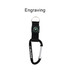 A black carabiner keychain with a compass attached, featuring a simple design. It has a logo and space for engraving.