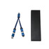 A braided charging cable in blue with dual connectors and a keyring, alongside a sleek black box.