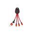 A light up charging cable with a USB connector and three vibrant red micro connectors, all housed in a black case with a logo.