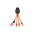A 6-in-1 light-up charging cable in orange with multiple connectors, featuring a compact design and a logo.