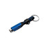 A blue and black 6-in-1 braided charging cable with a keyring attachment and a small protective cover.