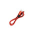 A red braided charging cable featuring a USB connector and a Lightning adapter, with a sleek design.