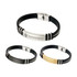 A set of three Buckle Latch Silica Silver Bracelets in silver, black, and gold, each with a logo.