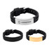 A metal strap bracelet in black, silver, and rose gold, featuring a logo on the silver version.