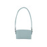 A drink bottle holder in a light blue colour with a long strap and metallic accents. It features a branding logo.