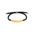 A woven bracelet featuring a black strap and a gold metal centrepiece, with silver accents on the ends.