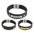 Three braided leather bracelets in black with silver, gold, and white accents, featuring a logo on one.