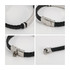 A black leather twine bracelet featuring a silver clasp, displayed from multiple angles.