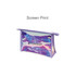 A transparent iridescent cosmetic bag with a purple zipper and a logo on the side.