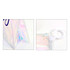 A holographic cosmetic bag with an iridescent finish, featuring a white zipper and loop.