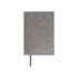 A grey PU leather notebook with a brown elastic band at the side, featuring a smooth texture and a branded logo.