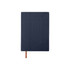 A navy blue PU leather notebook with a textured surface and a contrasting brown ribbon bookmark.