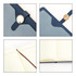A magnetic buckle pocket notebook featuring a blue and grey exterior and blank lined pages inside.