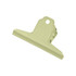 A metal binder clip in a pastel green colour, featuring a hole for easy attachment. The clip has a simple design.