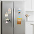 Translucent plastic magnetic clips in various pastel colours, holding notes and a snack packet on a refrigerator door.
