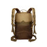 A tactical backpack in tan with adjustable straps and a mesh side pocket. Features a simple, functional design.