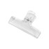 A translucent plastic clip in clear colour, featuring a sturdy design with a spring mechanism for gripping.