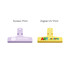 A purple and a yellow plastic clip with printed logos, featuring screen print and digital UV print designs.