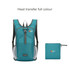 A teal large packable camping backpack with a logo, alongside a matching pouch for storage.